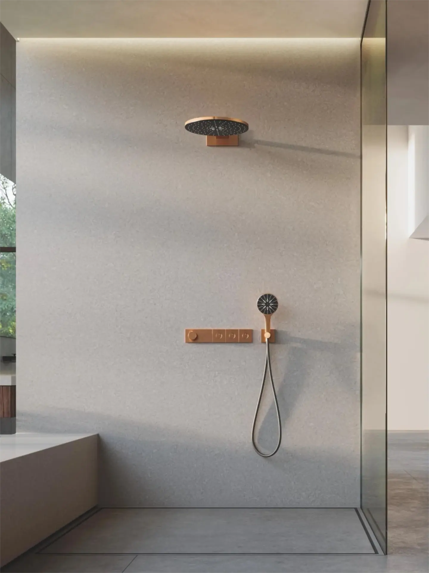 Sk grohe Modern walk in shower with bronze fixtures.