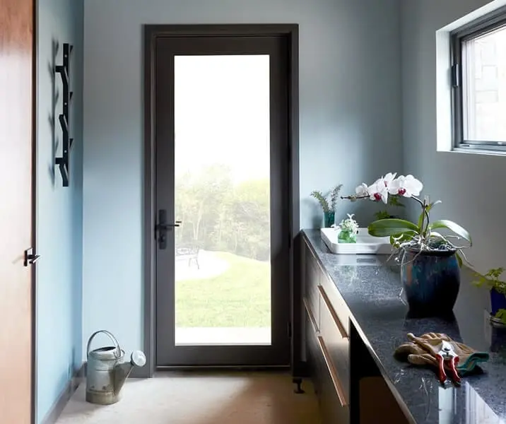 Sk pella reserve contemporary hinged door blue walls